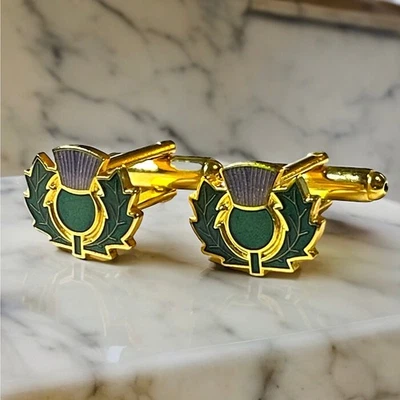 Gemelos de cardo escocés Escocia esmalte verde tono dorado regalo sin marca Foto 1 de 4