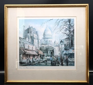 VTG Paris La Place du Tertre Montmartre Lithograph by Brunet Unsigned Beautiful - Picture 1 of 19