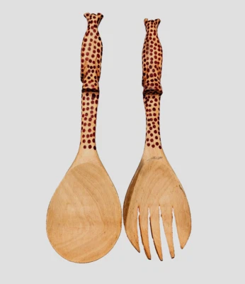 Vintage Hand Carved Wooden Leopard Cheetah Salad Serving Set Fork Spoon Kenya - Image 1 of 4