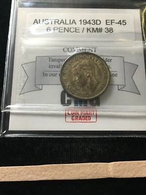 1943 D   Australia ; 6 Pence , Coin Mart Graded**EF-45** KM# 38 - Image 1 of 4
