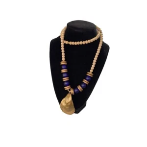 Both Wooden and glass seashell necklace cobalt blue and gold 32 inches - Picture 1 of 6