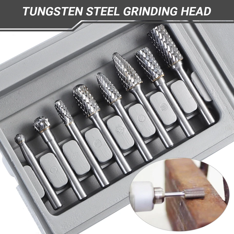 8x Double Cut Tungsten Carbide Burrs Rotary Burr Set 1/4" Shank Die Grinder Bit - Image 1 of 4