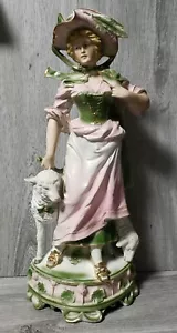 Antique BISQUE Large Porcelain Figurines, Young Woman With Two Sheep - 50 cm 🐑 - Picture 1 of 24