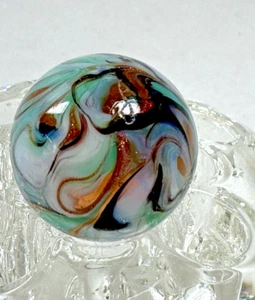LUTZ MARBLE HANDMADE SWIRLS GOLD MINT GREEN BLUE BLACK CLEAR 1.02" - Picture 1 of 10
