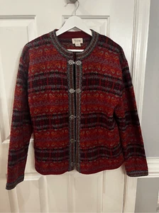 Cambridge Dry Goods Wool Burgundy Print Metal Frog Closure Cardigan Sweater sz M - Picture 1 of 6