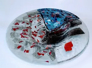 Italian Fused ART GLASS BOWL. EUC. Kaleidascopia. Shallow/Wide Rim/ Sticker - Picture 1 of 10