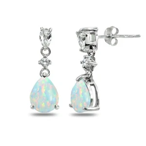 Teardrop Simulated White Opal & White Topaz Dangling 925 Silver Stud Earrings - Picture 1 of 3