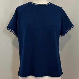 Vintage 70s Boucle Navy Top Scalloped Lace Edge Stretchy Knit - Size 12 - Picture 1 of 5