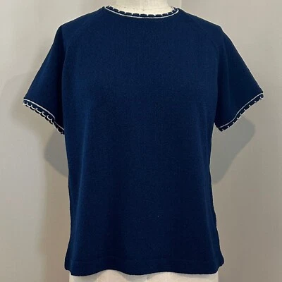 Vintage 70s Boucle Navy Top Scalloped Lace Edge Stretchy Knit - Size 12 - Image 1 of 4