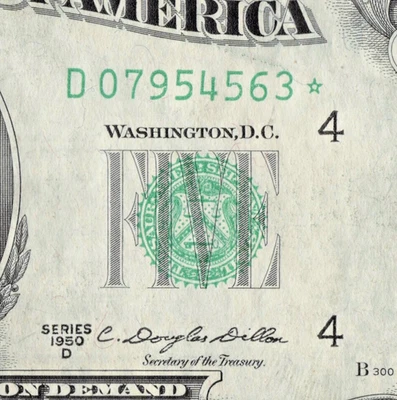 1950D $5 Star Note Cleveland Star Note 1.08 Million Run D07954563* - Image 1 of 4