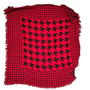 Vintage Houndstooth Throw Blanket Red Black Wool Fringe Scarf Shawl - Picture 1 of 5