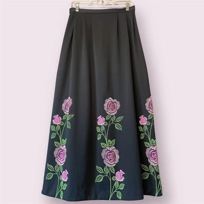 Maxi falda vintage años 70 Miss Shaheen negra con flores rosas talla 14 Foto 1 de 4