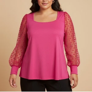 Blusa Torrid Fucsia Rosa Cuello Cuadrado Talla 3X Malla Lunares Manga Transparente Nueva con Etiquetas - Imagen 1 de 12