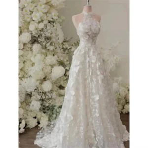 3D Lace Floral Wedding Dresses Halter Neck Sleeveless Floor-Length Bridal Gowns - Picture 1 of 11