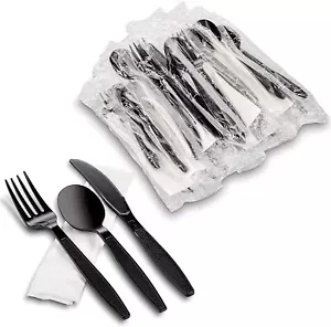 MT Products Disposable Black Plastic Cutlery Set with Napkin - Pack of 50 - Picture 1 of 8