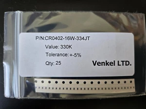 Resistencias SMT 0402 (1005 métricas) CR0402-16W-334JT 25 un. Venkel 330k ohmios ±5% - Imagen 1 de 1