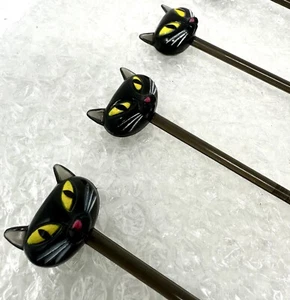 Vintage BLACK CAT SWIZZLE STICKS Drink 6.5” SET OF 6 Lot Accoutrements *RARE* - Picture 1 of 9