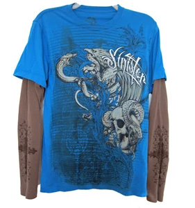 Sinister Skull Layered Look Shirt Young Mens S Turquoise Gray Affliction Style - Picture 1 of 6