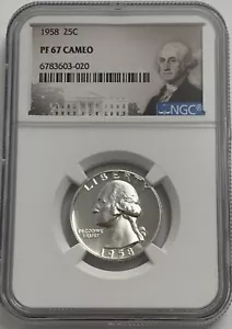 1958 NGC PF67 CAMEO 90% SILVER PROOF WASHINGTON QUARTER 25C PORTRAIT LABEL - Picture 1 of 3