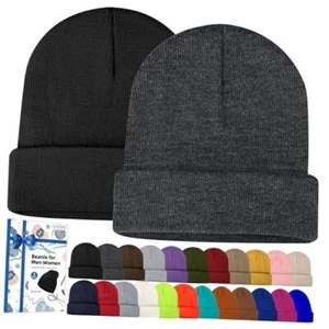 Beanies for Men Women 2 Pack Fall Winter Men's Hats Unisex Black and Dark Gray - Picture 1 of 8