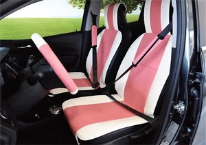 UNNIE UNIVERSAL WHITE/PINK LEATHER-LIKE FRONT SEAT & SEAT BELT COVERS with SWC - Bild 1 von 6