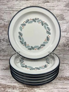 6 Beautiful Dansk Bistro Japan Christmas 8 1/2” Salad Plates Blue Pine Berries - Picture 1 of 12