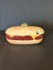 VINTAGE 1950er ENESCO KERAMIK HOT DOG FORM DECKEL SENFTOPF - Bild 1 von 7
