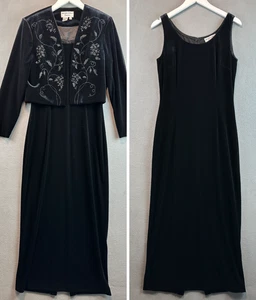 Adrianna Papell Dress Velvet 10 Black Beaded Jacket Cardigan Formal 2pc Set - Picture 1 of 16