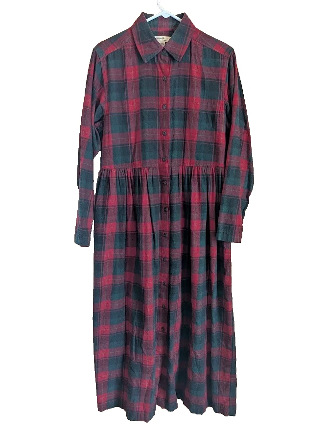 Vintage Eddie Bauer Dress M Plaid Flannel Maxi Holiday Christmas Cabin Modest - Image 1 of 4