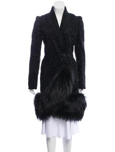 Women's Black Real Persian Lamb Fur Long Coat Fox Fur Trim All Sizes Pre Sale - Picture 1 of 4