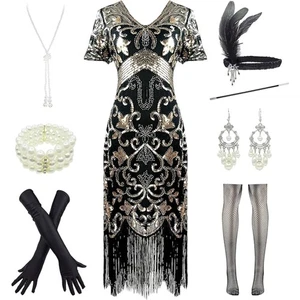 1920s Sequins Gatsby Cocktail Flapper Dresses Small Black Silver - Picture 1 of 7