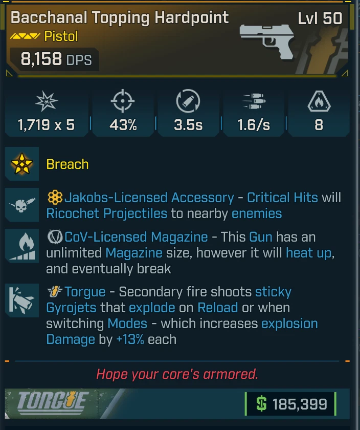 Borderlands 4⭐TOPPING HARDPOINT PISTOL⭐JAKOBS⭐COV⭐TORGUE SECONDARY  STICKY - Image 1 of 1