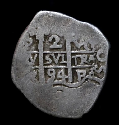 1694,  Potosi 2 Reales “VR” Charles II. Spabish Colonial Cob, Macuquina. Peru. - Image 1 of 2