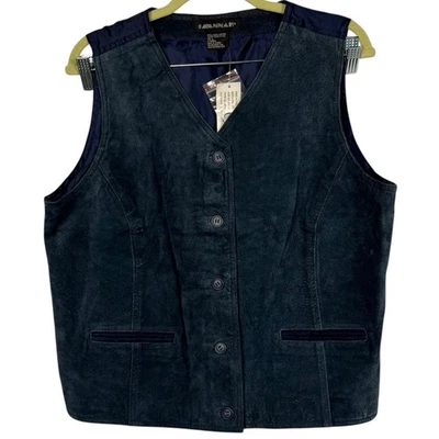 New Savannah Vintage 90s Suede Leather Button Up Satin Tailored Vest Top Large - Image 1 of 4