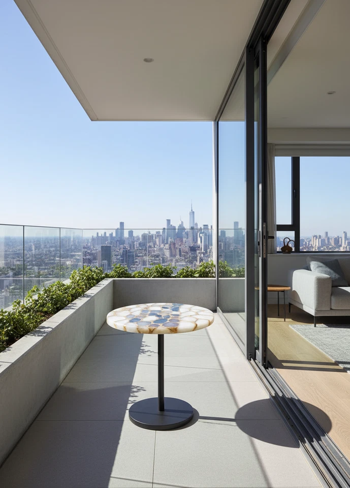 15" Round Quartz & Multicolor Agate Table – Stone Inlay Coffee Table Luxe Decors - Image 1 of 4