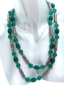 Vintage Emerald Green Glass Bead & Silver Tone Bead Cap Spacer Long Necklace - Picture 1 of 3