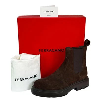 FERRAGAMO Doran 10.5 M Men's PullOn Brown Suede Ankle Formal Chelsea Boots Dress - Image 1 of 4