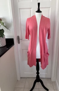 WALLIS .. Soft Orange Fine Knit Short Sleeve Knee Length Cardigan Sz M - Picture 1 of 4