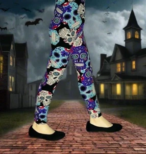NEW Girls Small Purple Blue Sugar Skull Leggings (Feel Soft as Lularoe) - Picture 1 of 6
