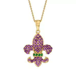 2CT Lab Created Amethyst Fleur-De-Lis Pendant 18'' Chain 14K Yellow Gold Plated - Picture 1 of 4