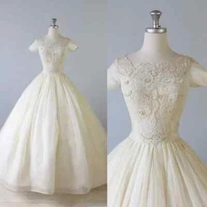 Vestidos de novia marfil vintage manga corta tul años 80 línea A encaje vestidos de novia - Imagen 1 de 9