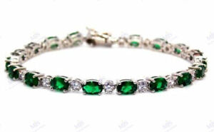 Deal 925 Silver 6CT Oval Cut Emerald & Cubic Zirconia Women's Tennis Bracelet
