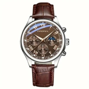 GENEVA Men’s Luxury Fashion Quartz Business Leather Dress Watch – Brown –Stylish - Picture 1 of 8
