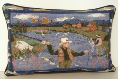Travesseiro de tapeçaria Fly Fishermen Along Stream, Patos, Fish Border, Park B Smith novo - Imagem 1 de 4