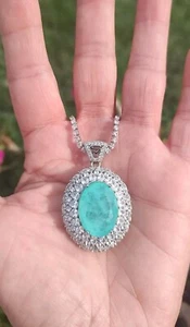 Paraiba Tourmaline Pendant W/ Zircon Set Tennis Necklace,  Rhodium/ Silver, 19" - Picture 1 of 17