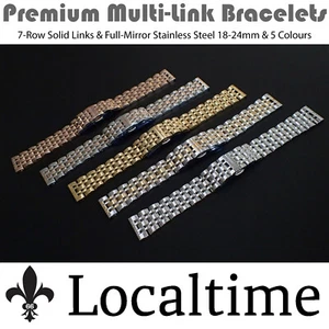 Premium 7-Row Solid Link/ELs Full-Mirror Steel Watch Bracelets 18-24mm 5 Colours - Picture 1 of 17