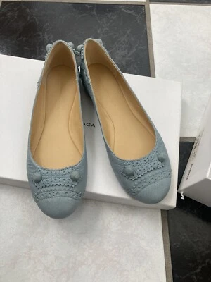 NIB 100% AUTH Balenciaga Blue Leather Arena Brogue-Trim Ballerina Flats Sz 36 - Image 1 of 4