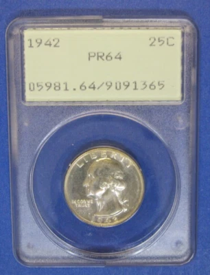 1942 US Mint Proof Washington Silver Quarter~ PCGS PR64 Old Rattler Green Label - Image 1 of 4