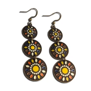 Colorful Mandala Earrings Womens Boho Ethnic Rainbow Alloy Brown Enamel Jewelry - Picture 1 of 11