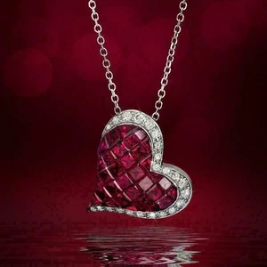 14K White Gold Finish Over Ruby & Diamond Heart Pendant with "18 Chain Necklace - Picture 1 of 3